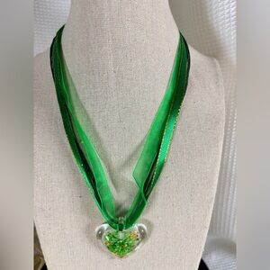 Glass Heart ,Floral Pendant green cord ribbon necklace